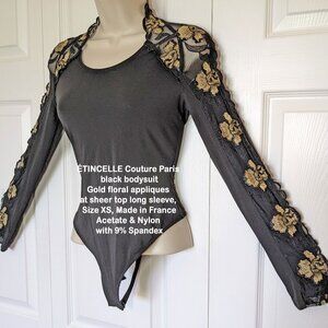 Étincelle Couture Paris black rare bodysuit, Gold floral trim, Sz XS Made France